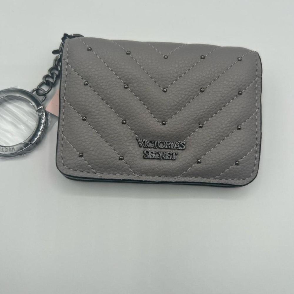 NWT Victoria's Secret Grey Quilted Studded Keychain Card Case Zip Mini Wallet